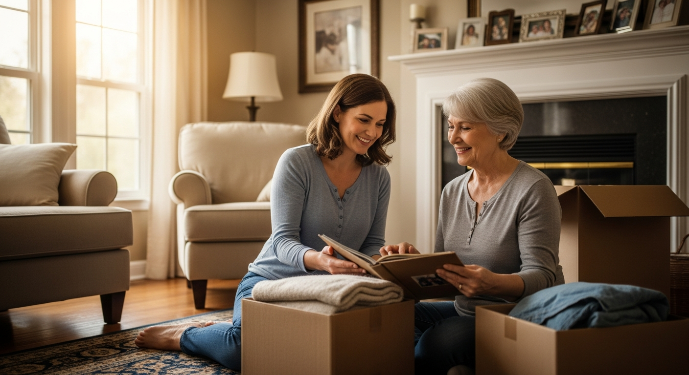 Family packing boxes together in a warm, calm environment