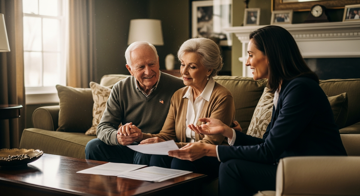 Older veteran couple in a warm, respectful setting