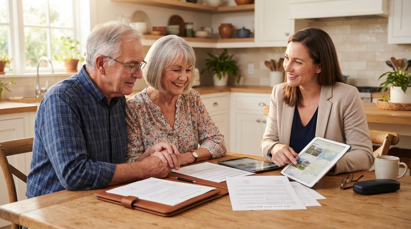 Senior couple reviewing real estate documents with an agent at a kitchen table