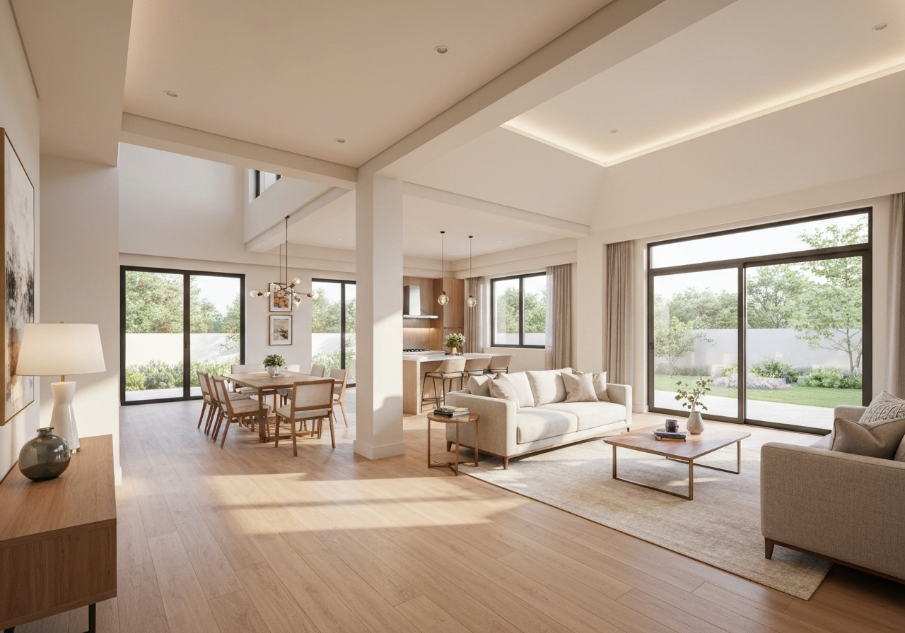 A modern, bright, open-concept single-story home interior designed for accessibility