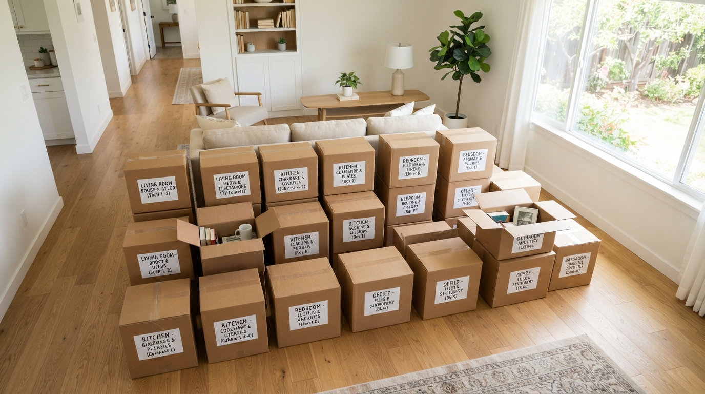 Neatly labeled moving boxes in a bright living room