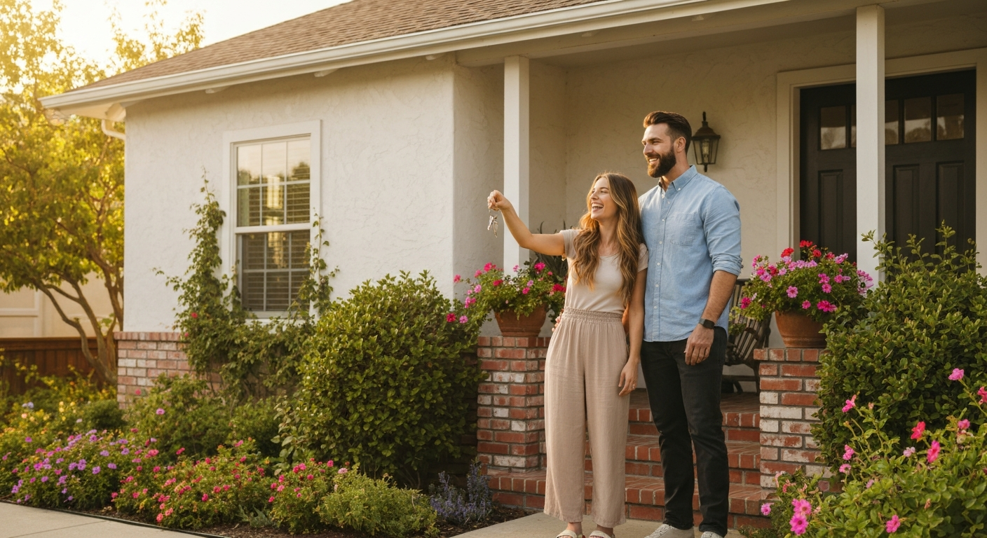 Excited first-time buyers receiving keys to their new Northern California home
