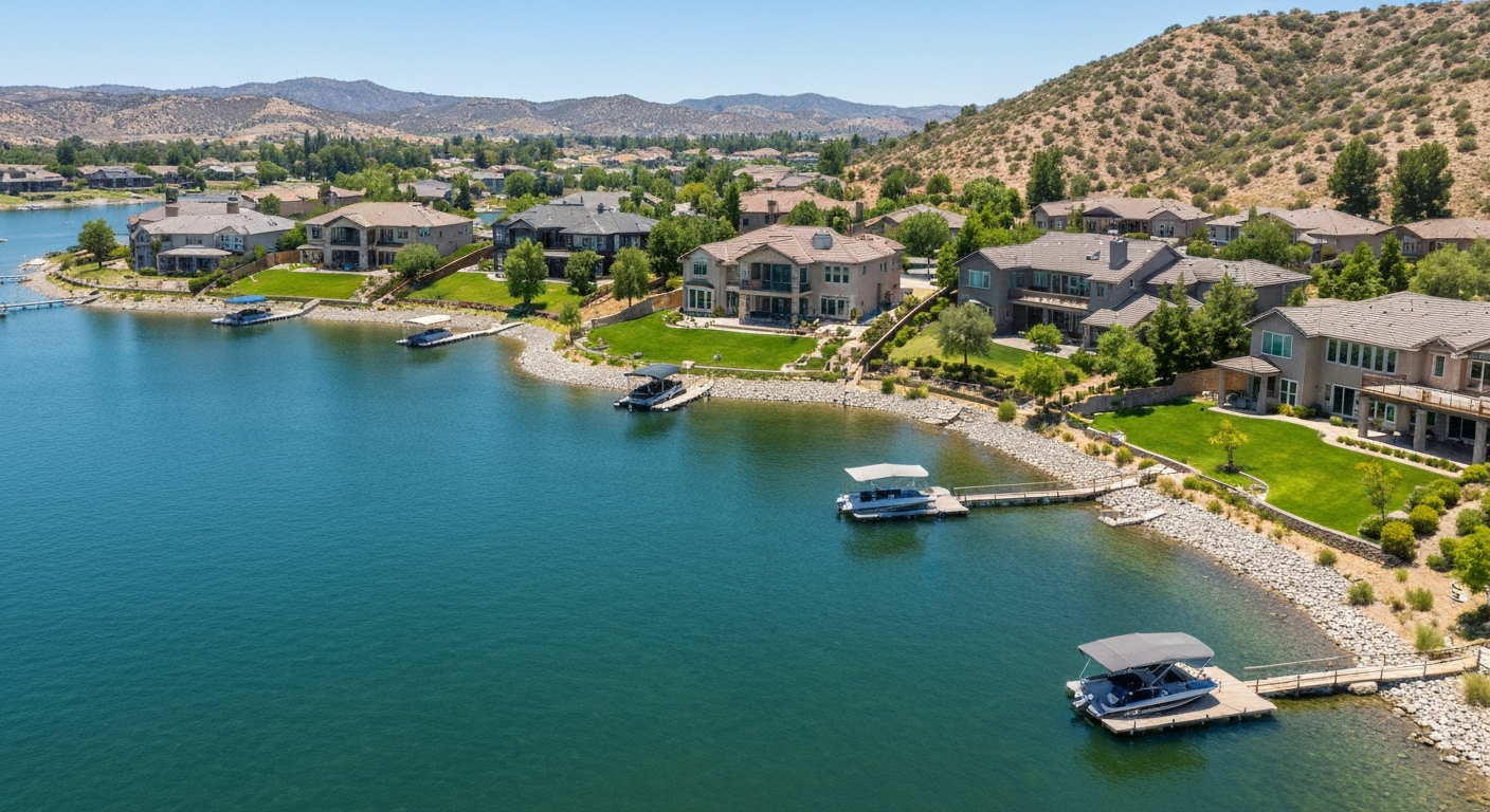 Folsom Lake at sunset with luxury homes