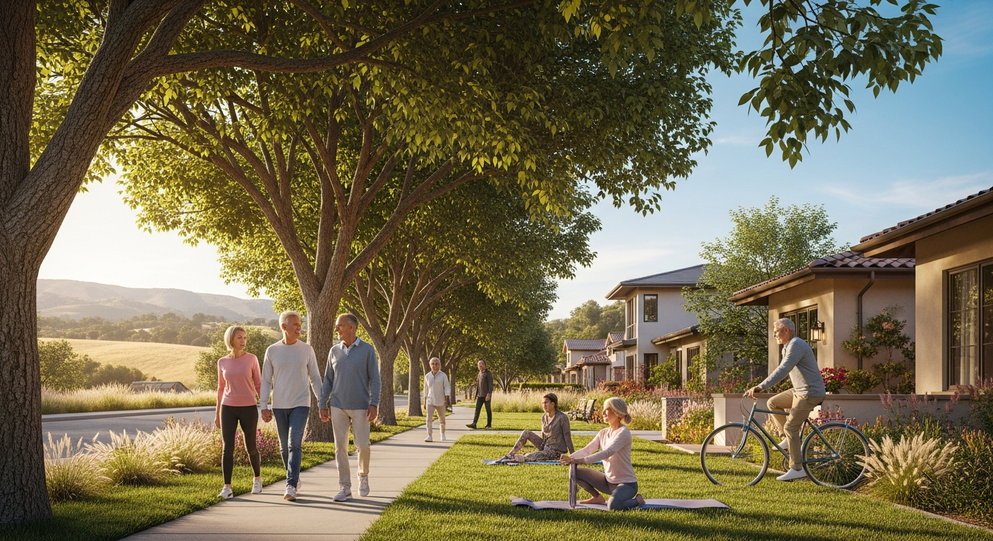 Active older adults enjoying a walkable, scenic suburban neighborhood