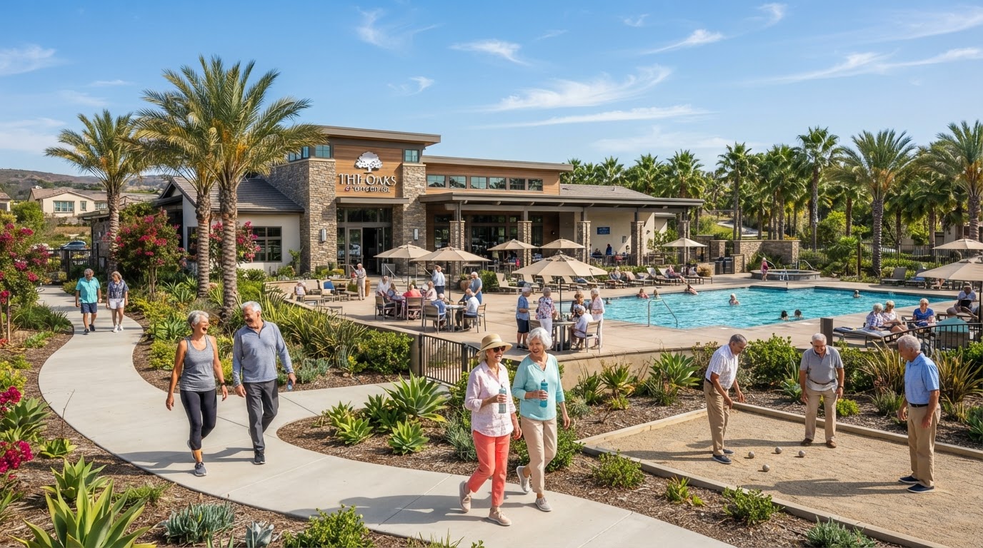 Modern 55-plus community clubhouse with seniors socializing