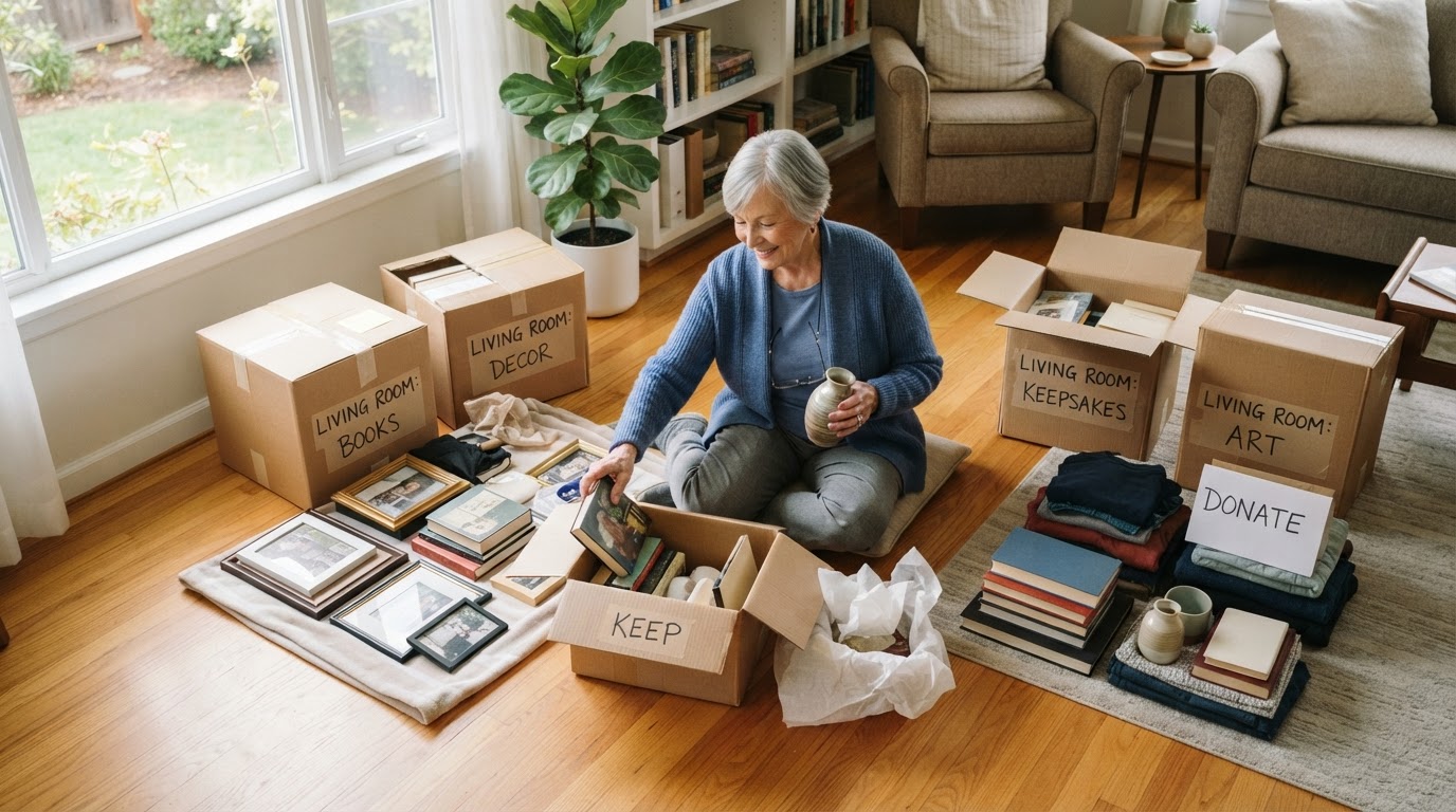 Neatly labeled moving boxes in a bright living room