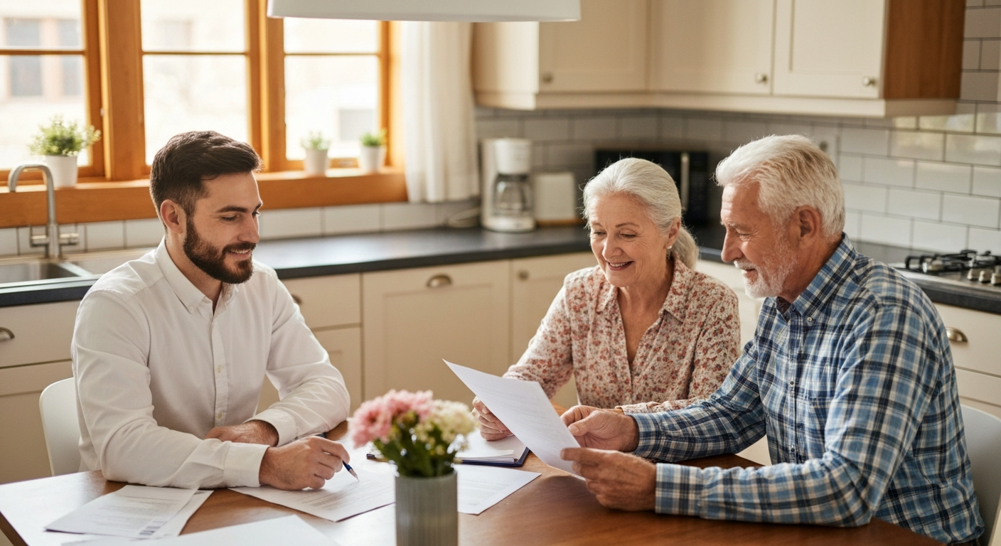 Real estate professional consulting with an older couple