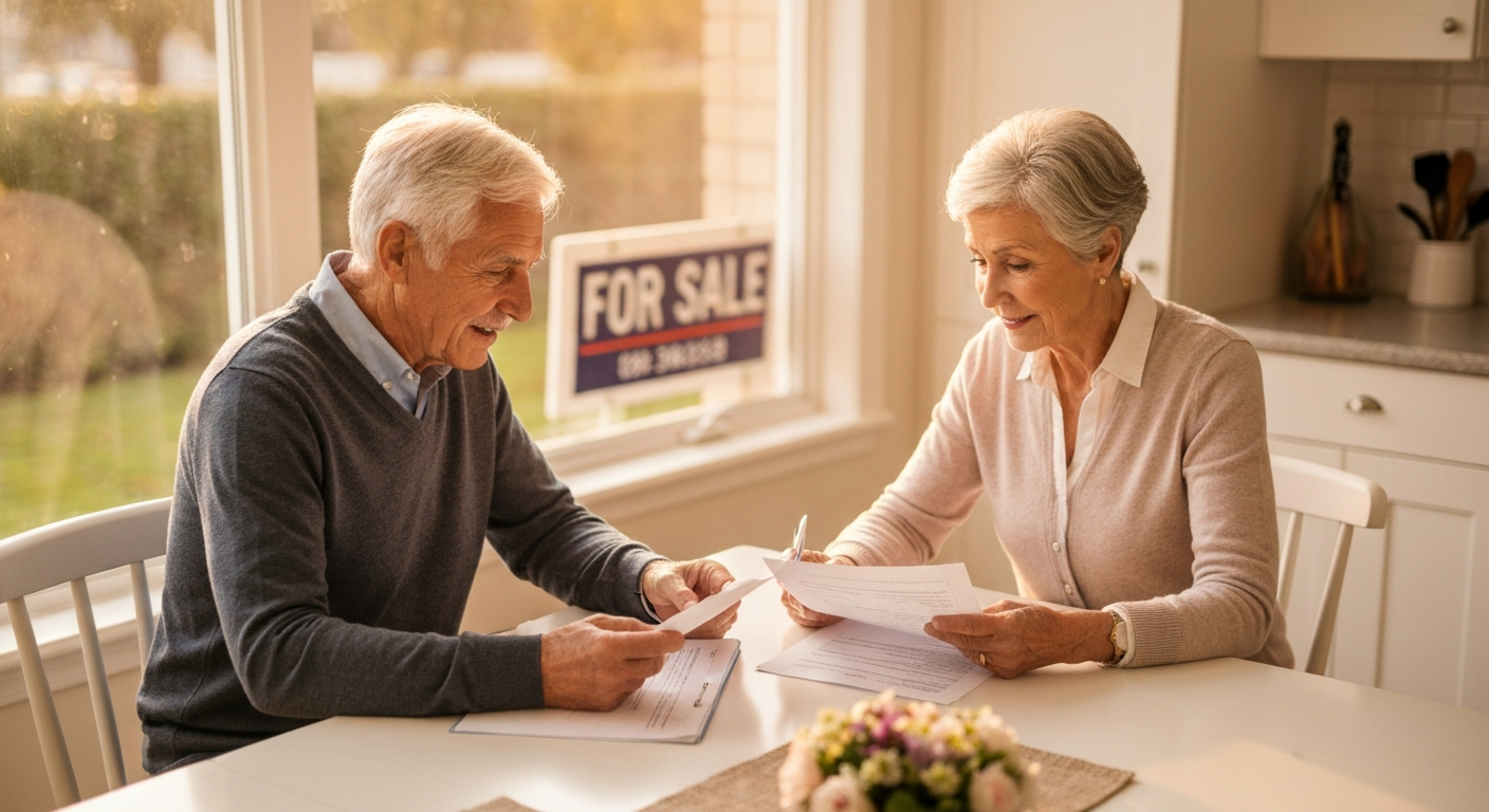 Senior couple planning downsizing at kitchen table