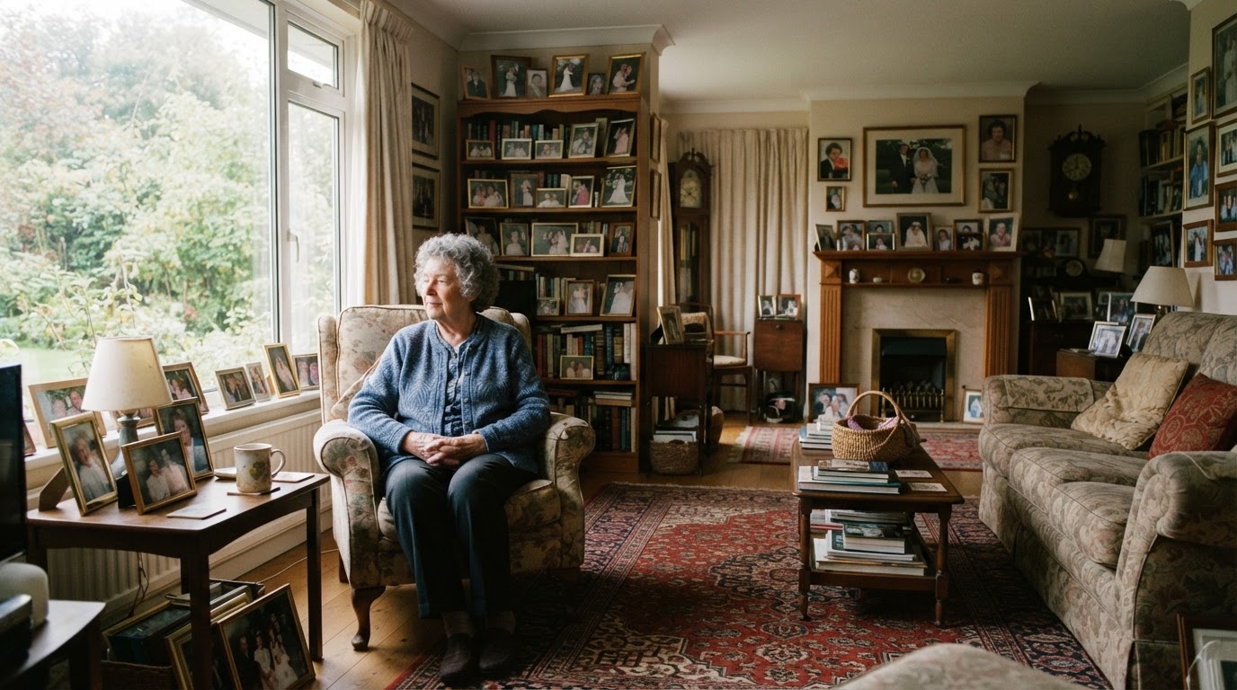 Elderly woman sitting alone in large living room