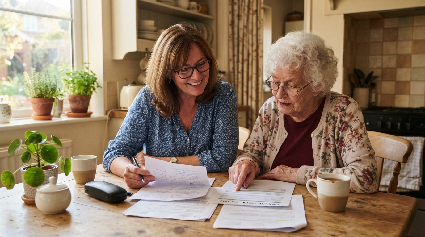 Adult child and elderly parent reviewing documents at kitchen table