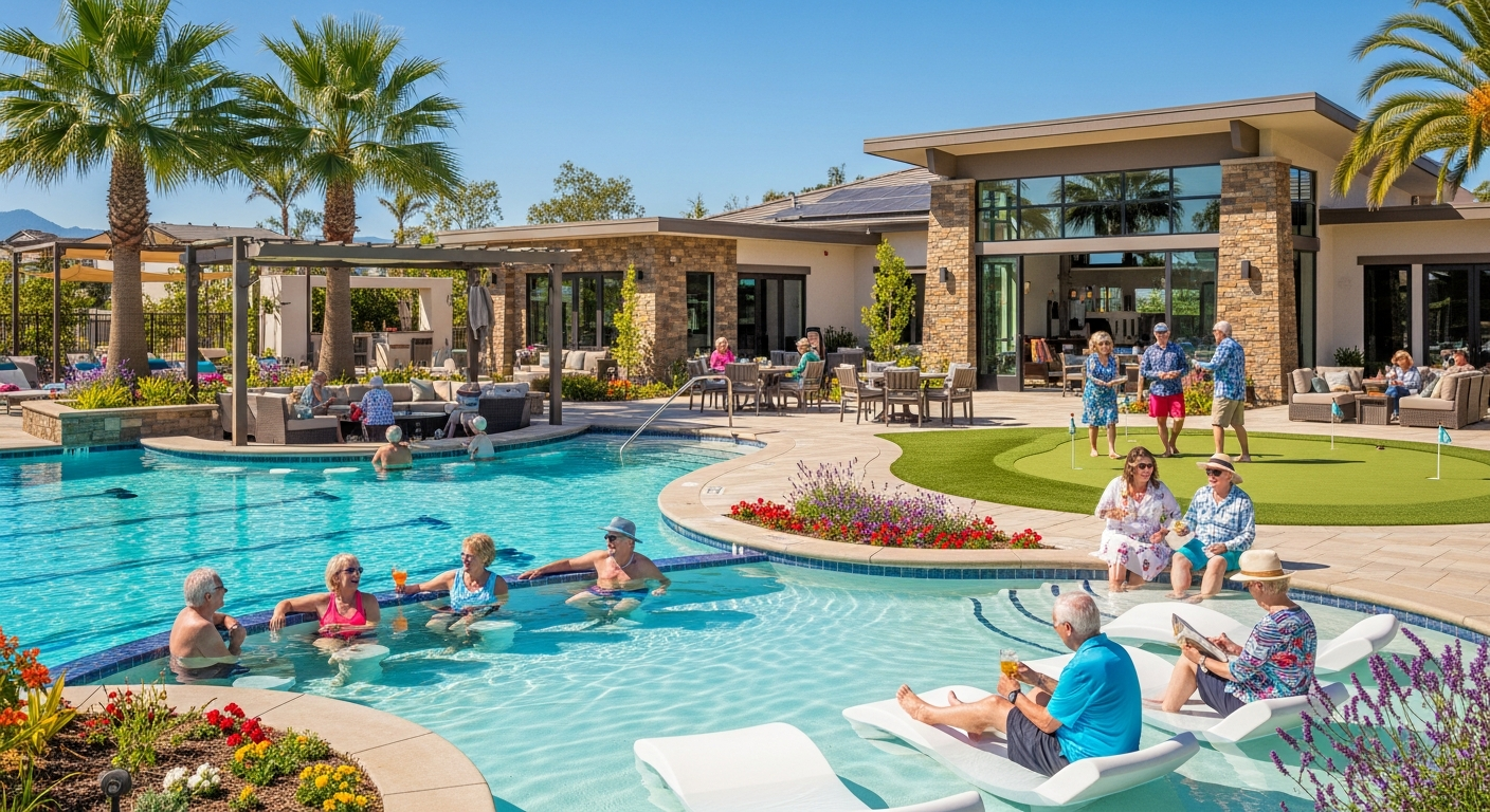 Active adults enjoying a resort-style pool and clubhouse in a sunny Northern California 55+ community