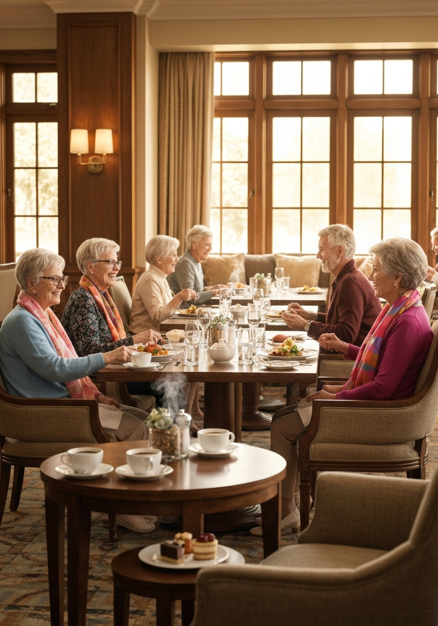 Elegant dining and social space in a luxury assisted living community