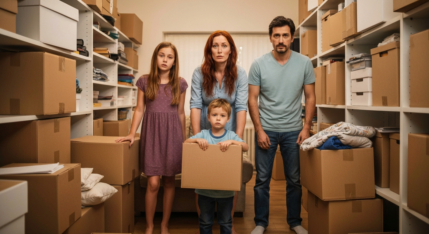Family in a cluttered room feeling overwhelmed