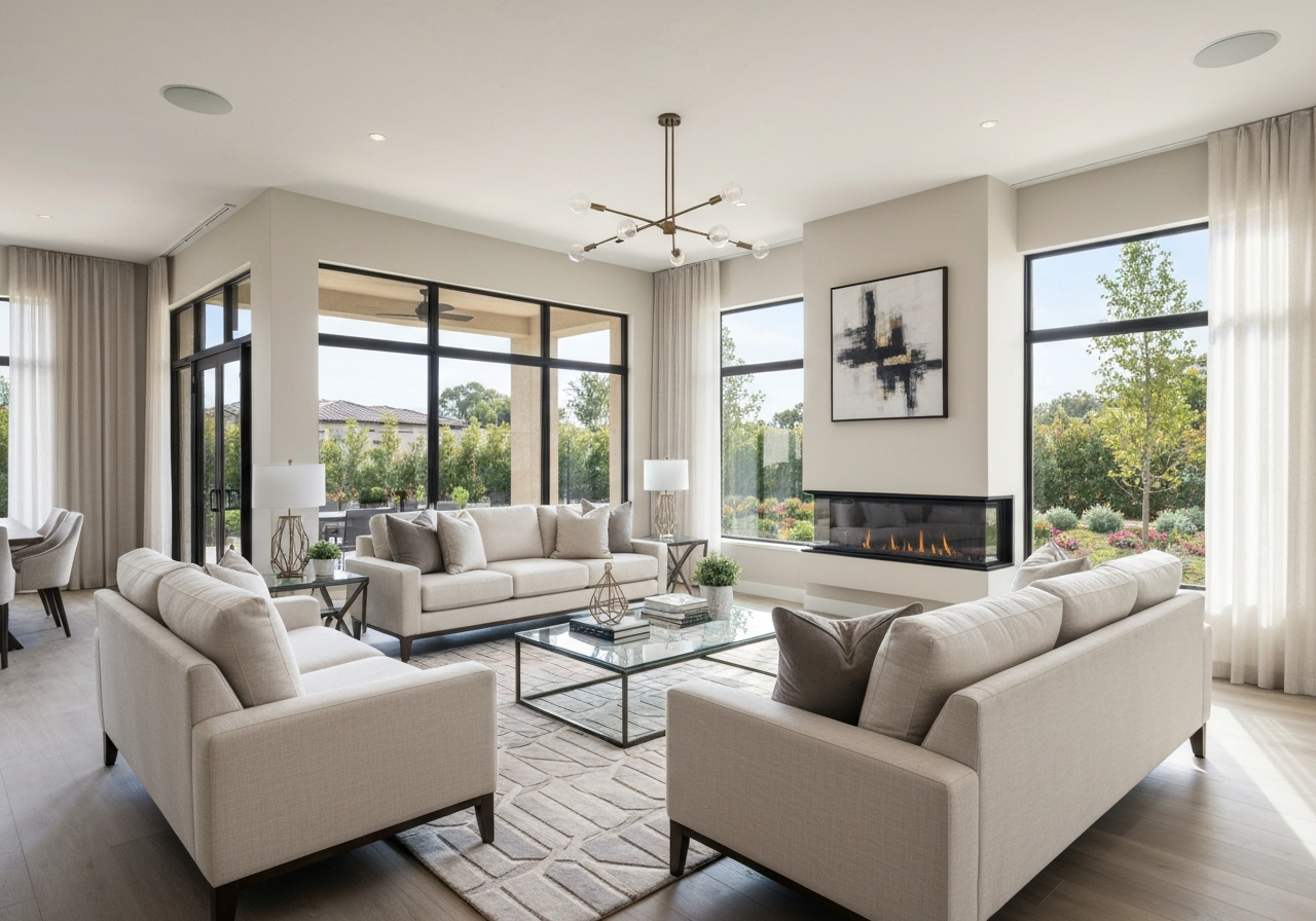 A modern, open-concept living room designed for single-story living