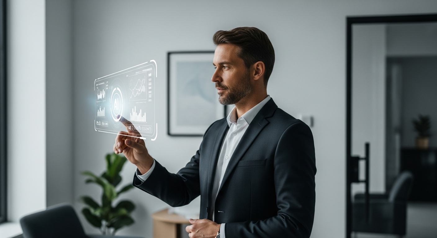 Professional Australian business owner using AI Hub dashboard for lead capture, automation and customer response