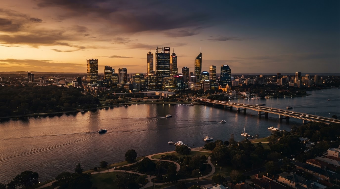 Perth city skyline at golden hour, Western Australia — home of AI Hub