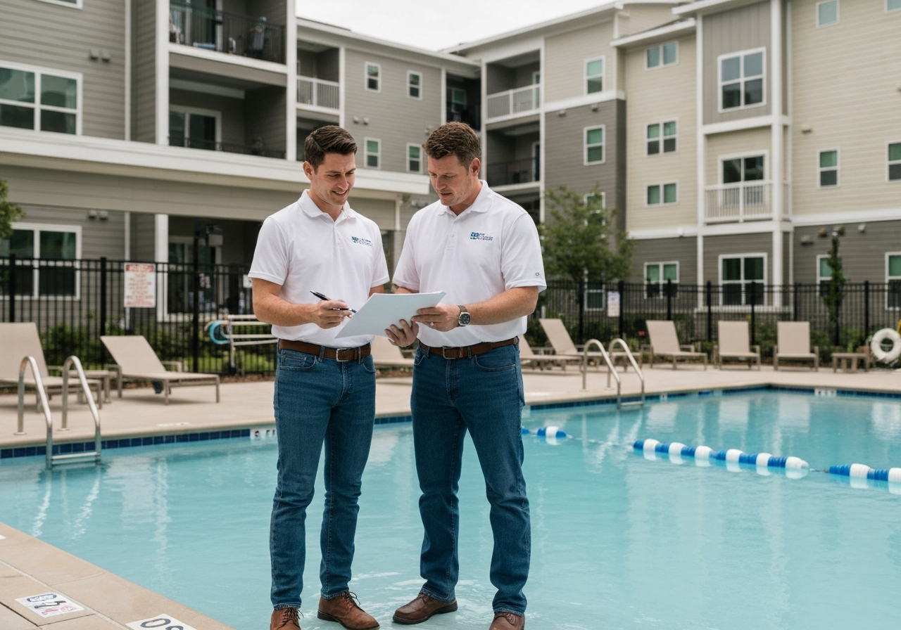 Professional pool inspector helping a homeowner
