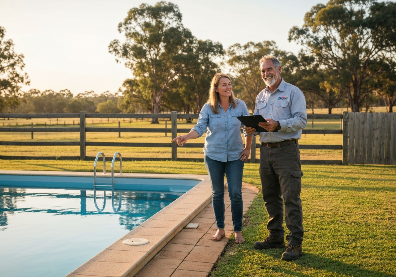 Practical pool inspector talking to an acreage homeowner