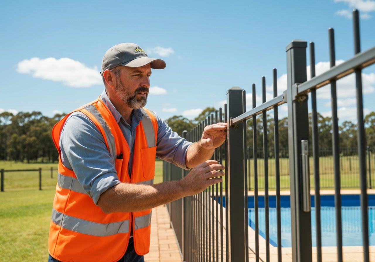 Trustworthy pool inspector examining a fence