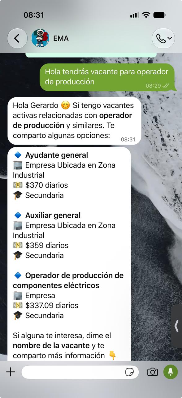 WhatsApp de EMA System en smartphone