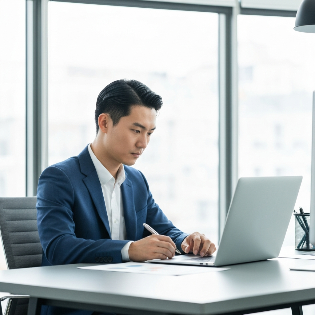 Professional working in a modern agency environment conveying expertise.