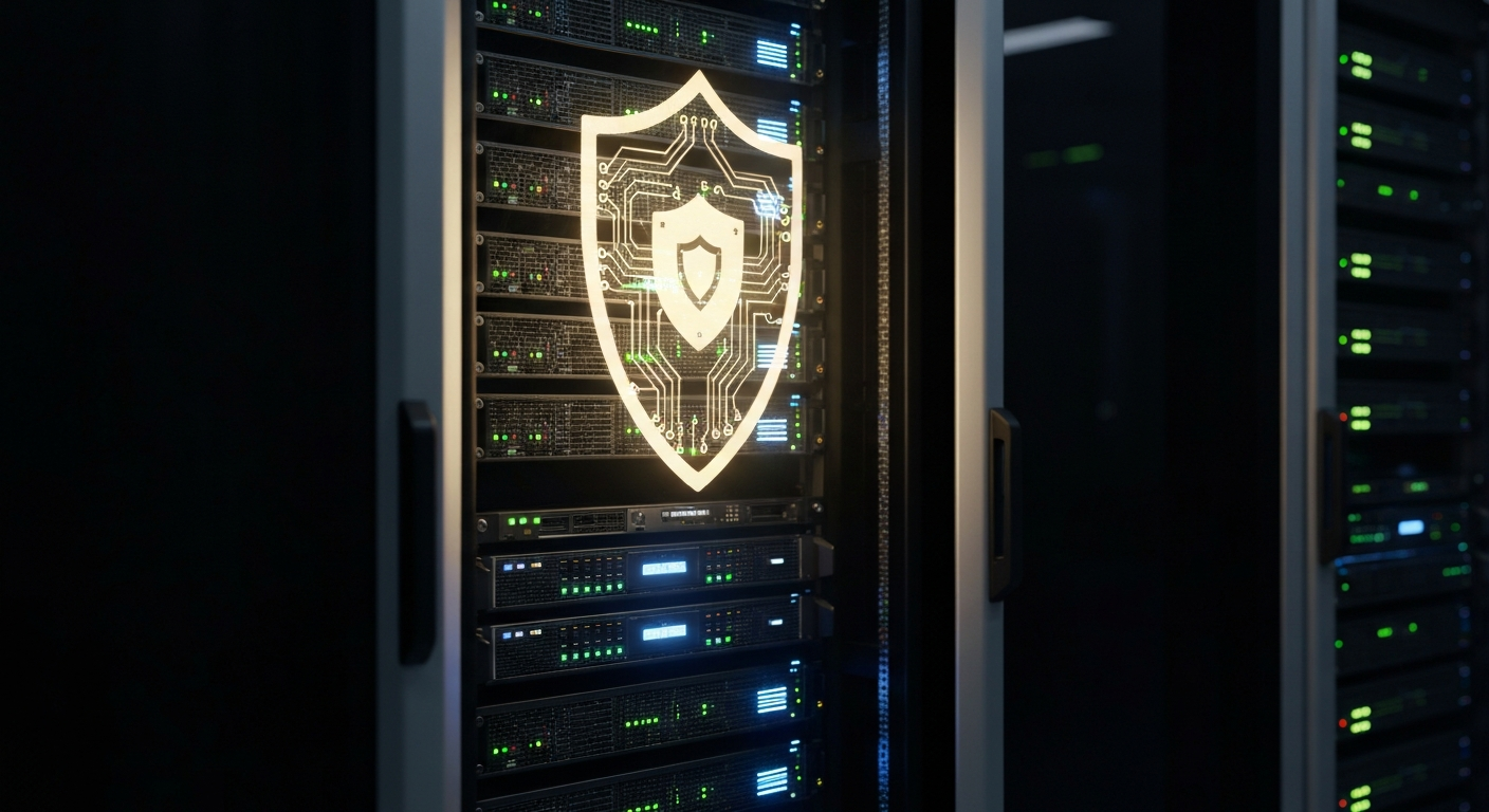 Digital shield over server rack representing data security