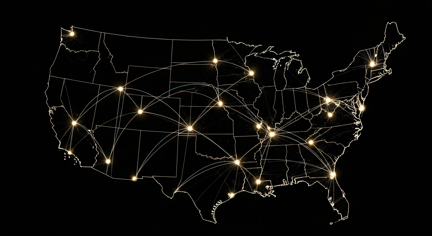 Map of the United States with glowing nodes indicating nationwide digital marketing service locations