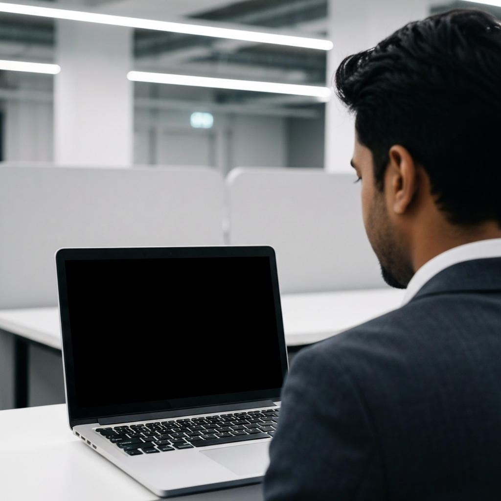 Professional reviewing information on a laptop screen from behind in a modern office.