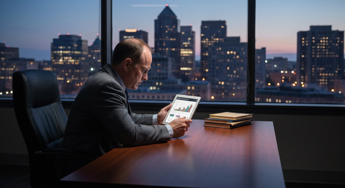 Frustrated business owner reviewing poor Providence SEO services results on a tablet.