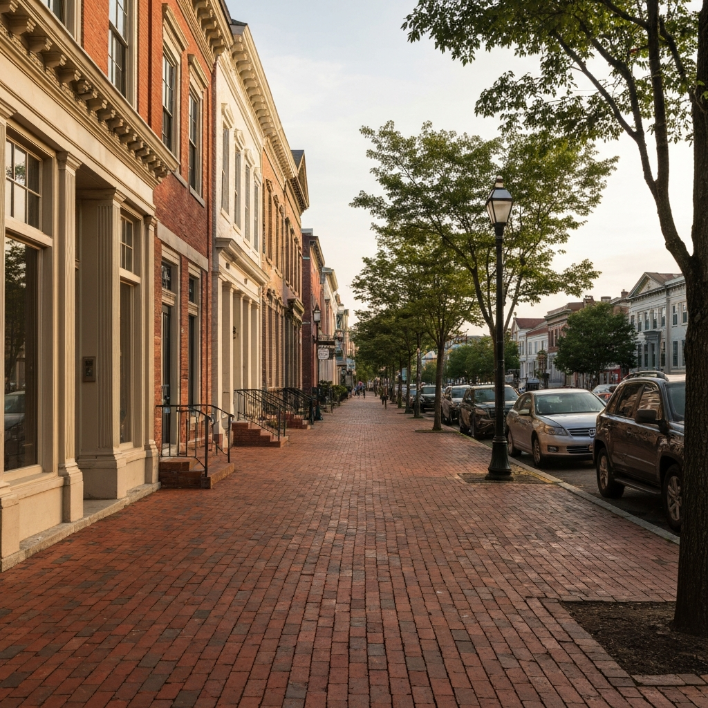 Historic neighborhood street with brick sidewalks and classic architecture.