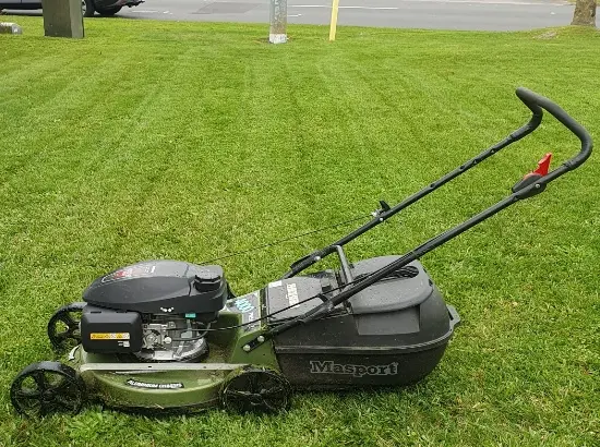 LawnMate Masport mower on a freshly cut lawn in Hamilton