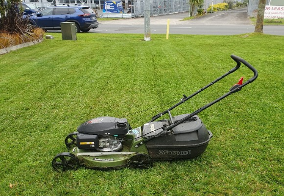 Masport mower on neatly mowed lawn