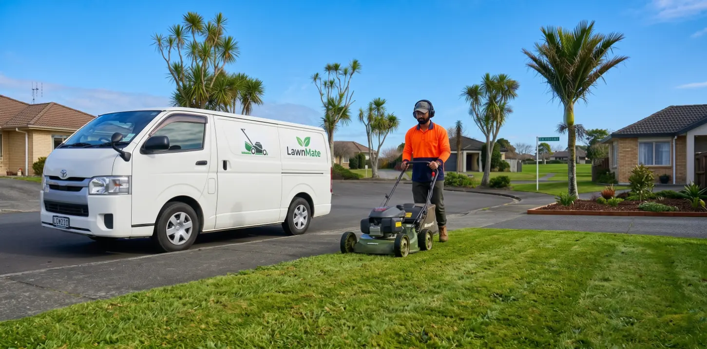 Davinder mowing a lush lawn in Hamilton