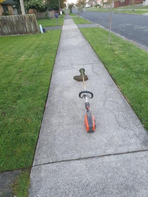 Trimmer on a concrete path next to a mowed lawn
