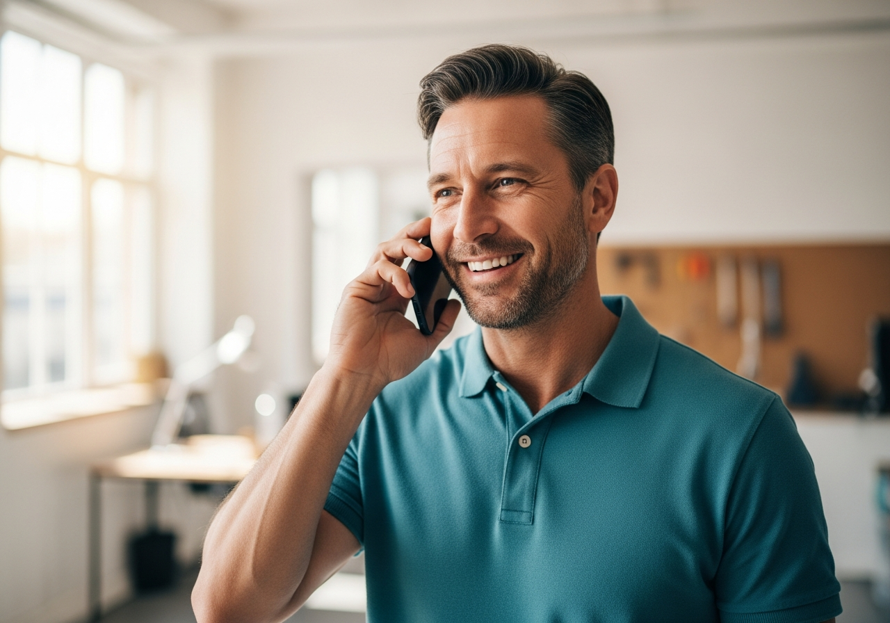 Business owner smiling while answering the phone