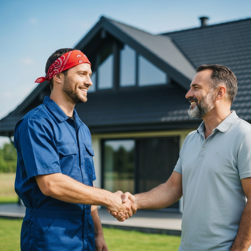 Roofer shaking hands with a homeowner in front of a house