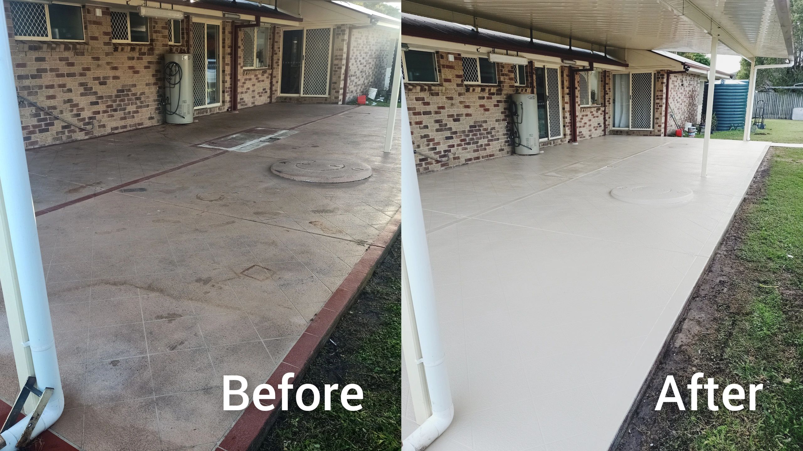 Before and after photo of a colour sealed concrete driveway on the Sunshine Coast