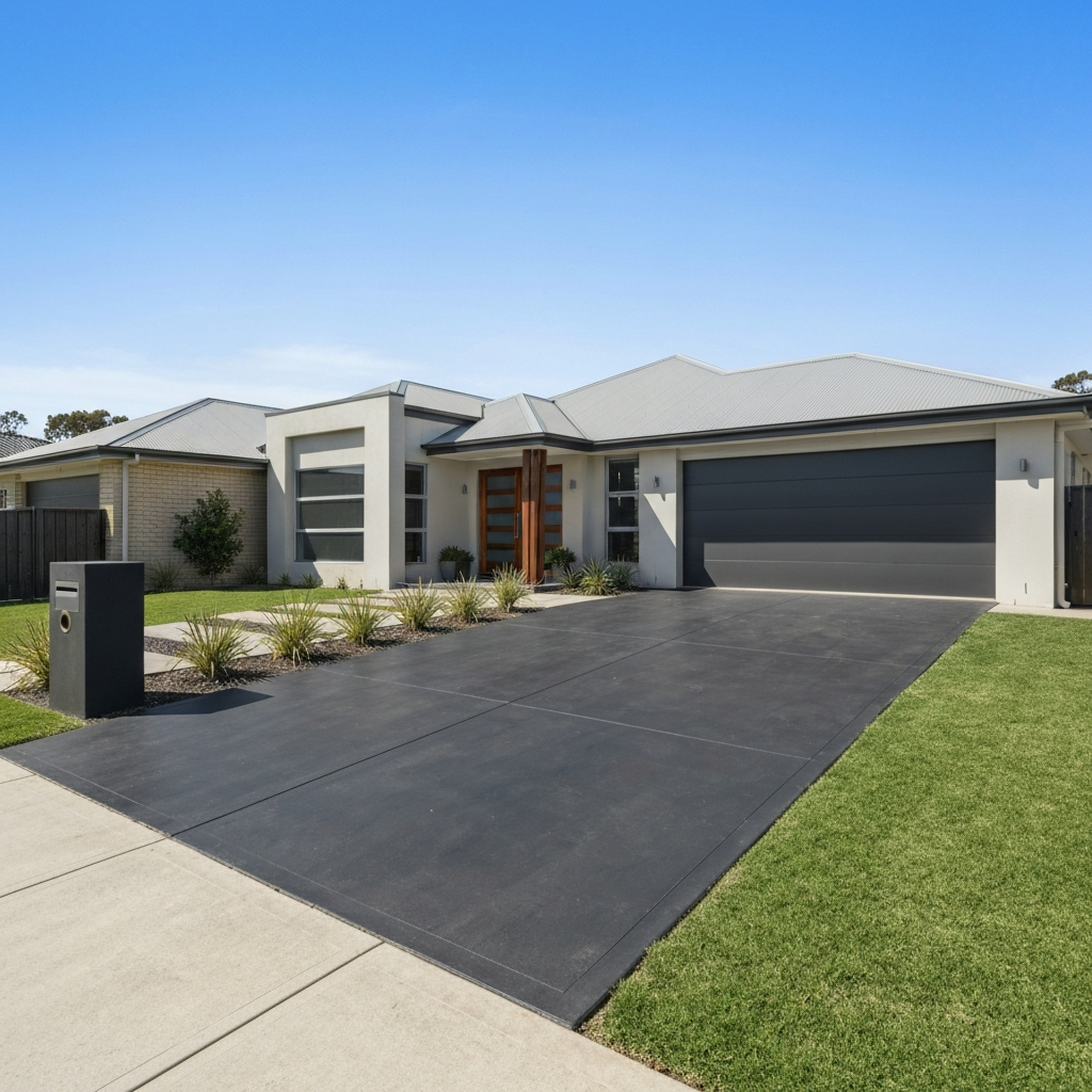 Dark charcoal colour sealed concrete driveway in Brisbane