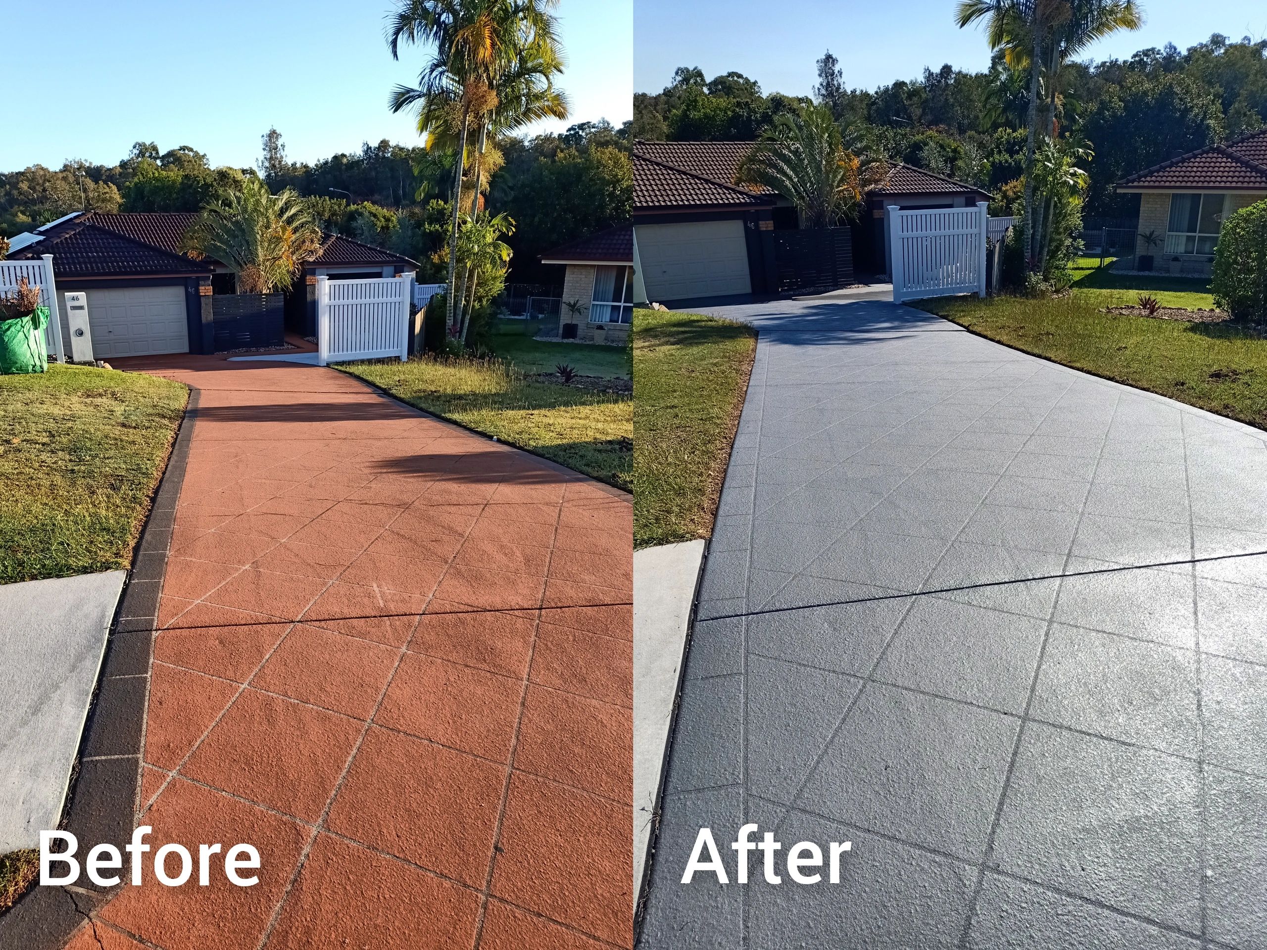 Before and after comparison of a colour sealed concrete driveway in North Brisbane