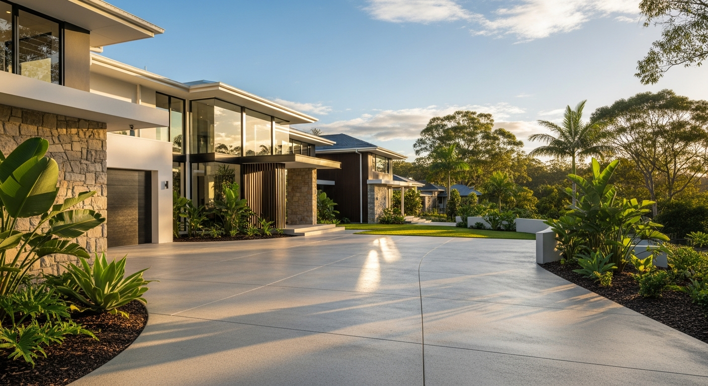 Beautiful luxury concrete driveway with high-end sealing North Brisbane — premium sealed concrete driveway finish