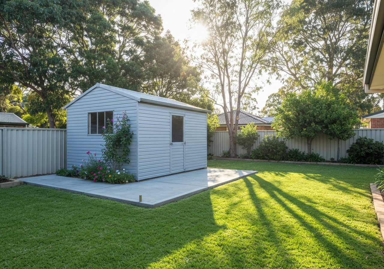 Freshly poured concrete garden shed slab in Brisbane