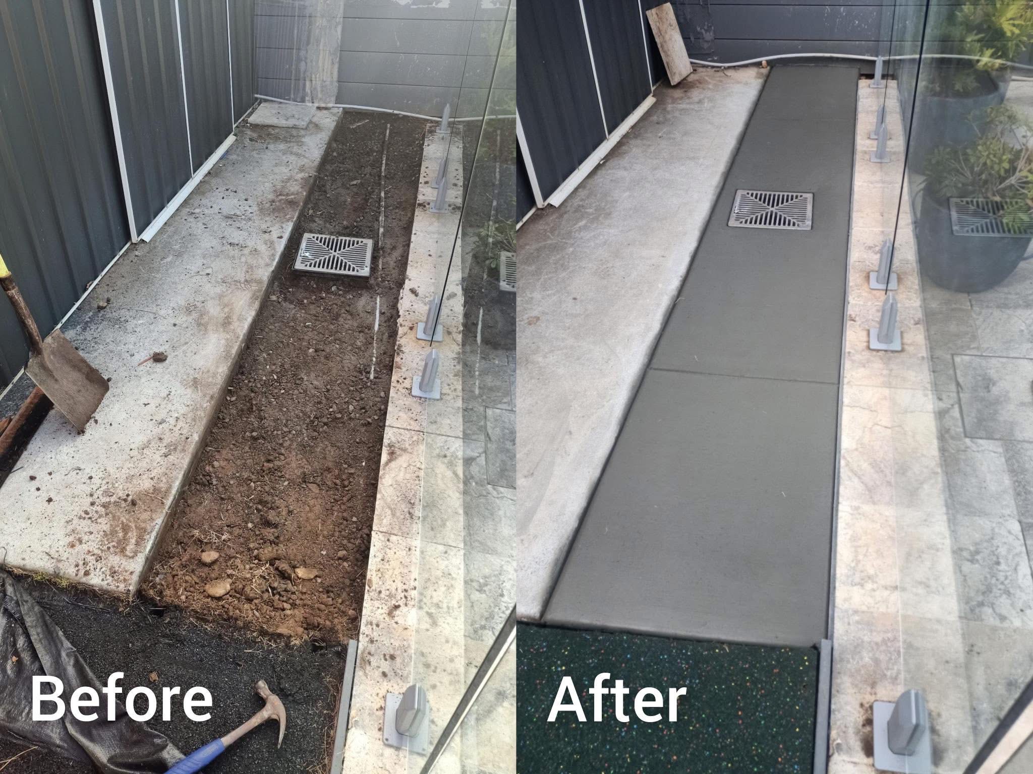 Before and after concrete strip drain repair, demonstrating a clean, professional concrete finish for better drainage.