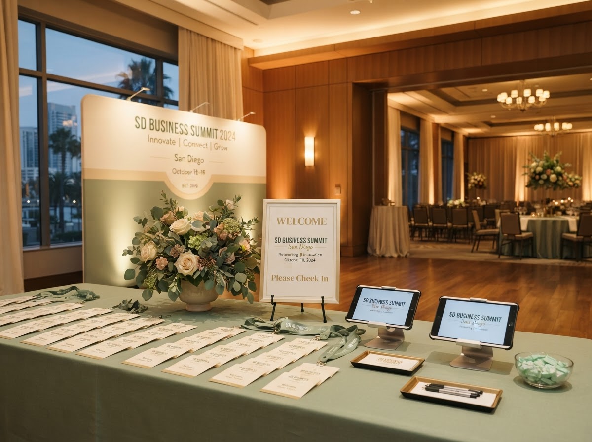San Diego business event venue with branded signage and welcome table before guests arrive
