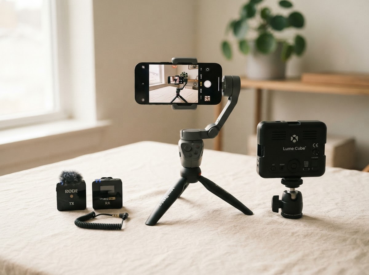 Content creation equipment including smartphone on tripod with gimbal, wireless microphone, and portable light
