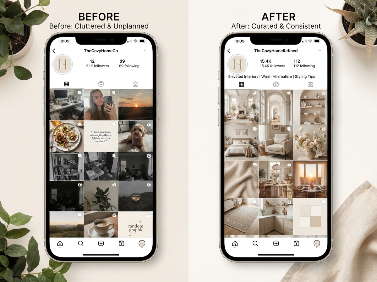Before and after comparison of an Instagram profile grid showing inconsistent posting transformed into a strategic, cohesive feed
