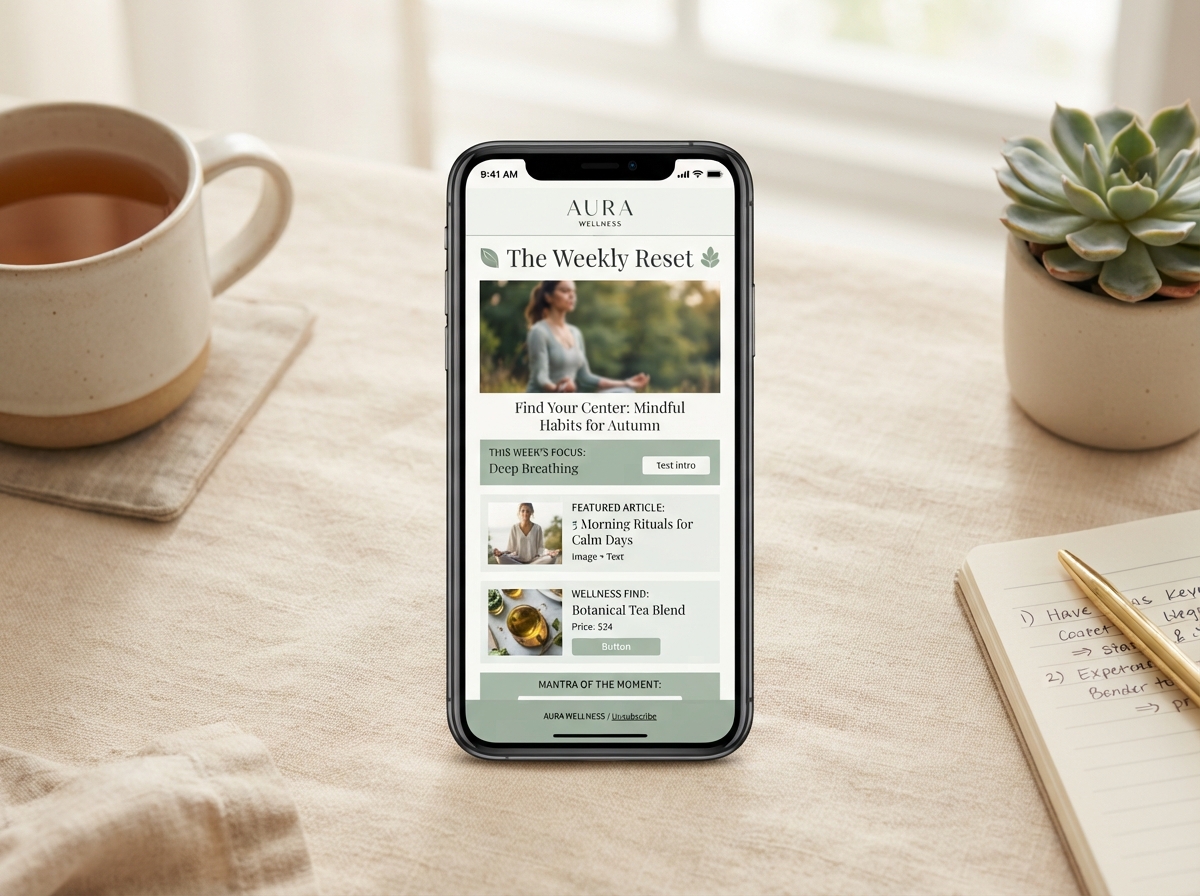 Email newsletter mockup on smartphone showing a wellness brand newsletter with sage green accents