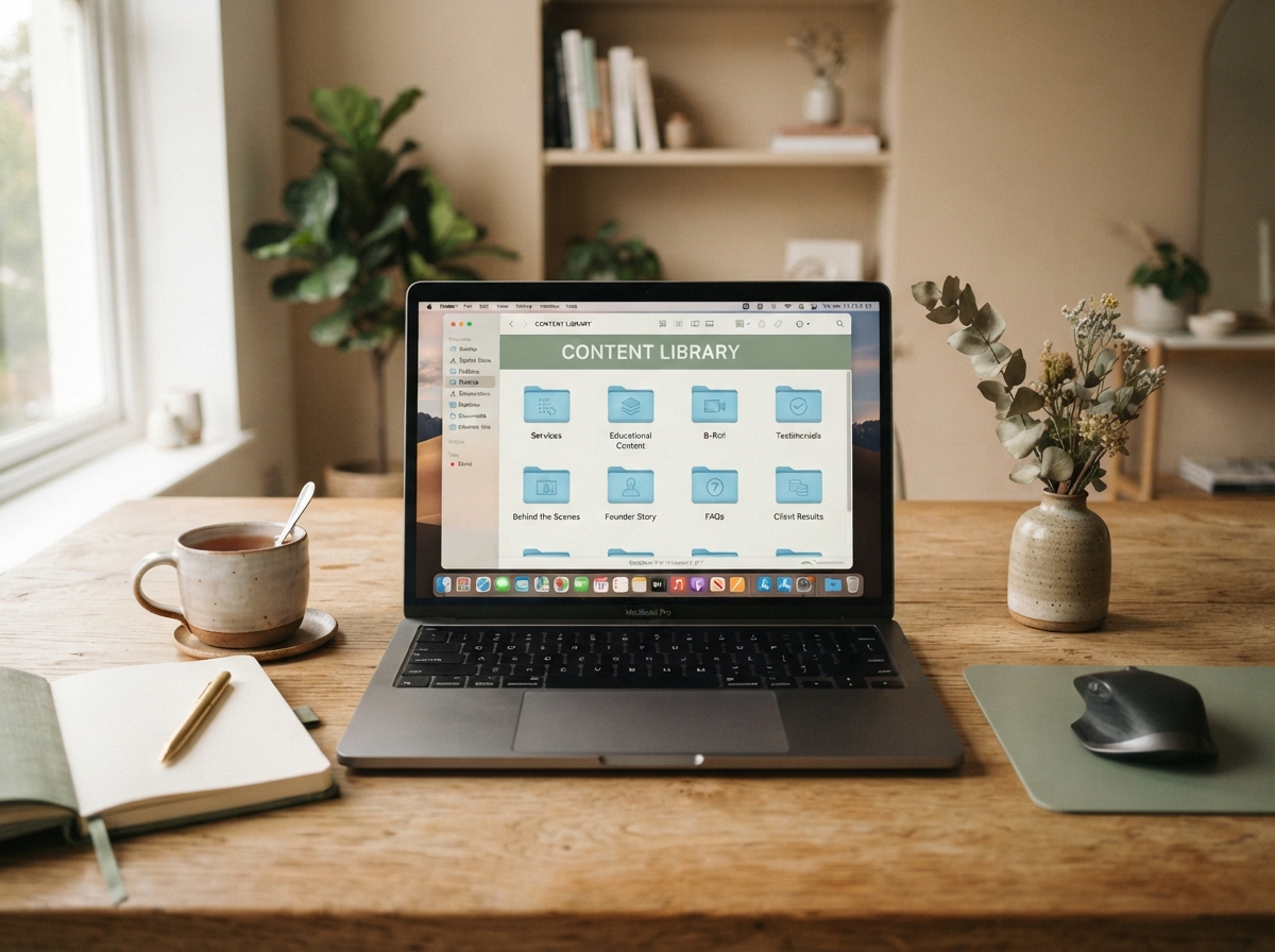 Organized content vault showing labeled folders for services, educational content, B-roll, and testimonials