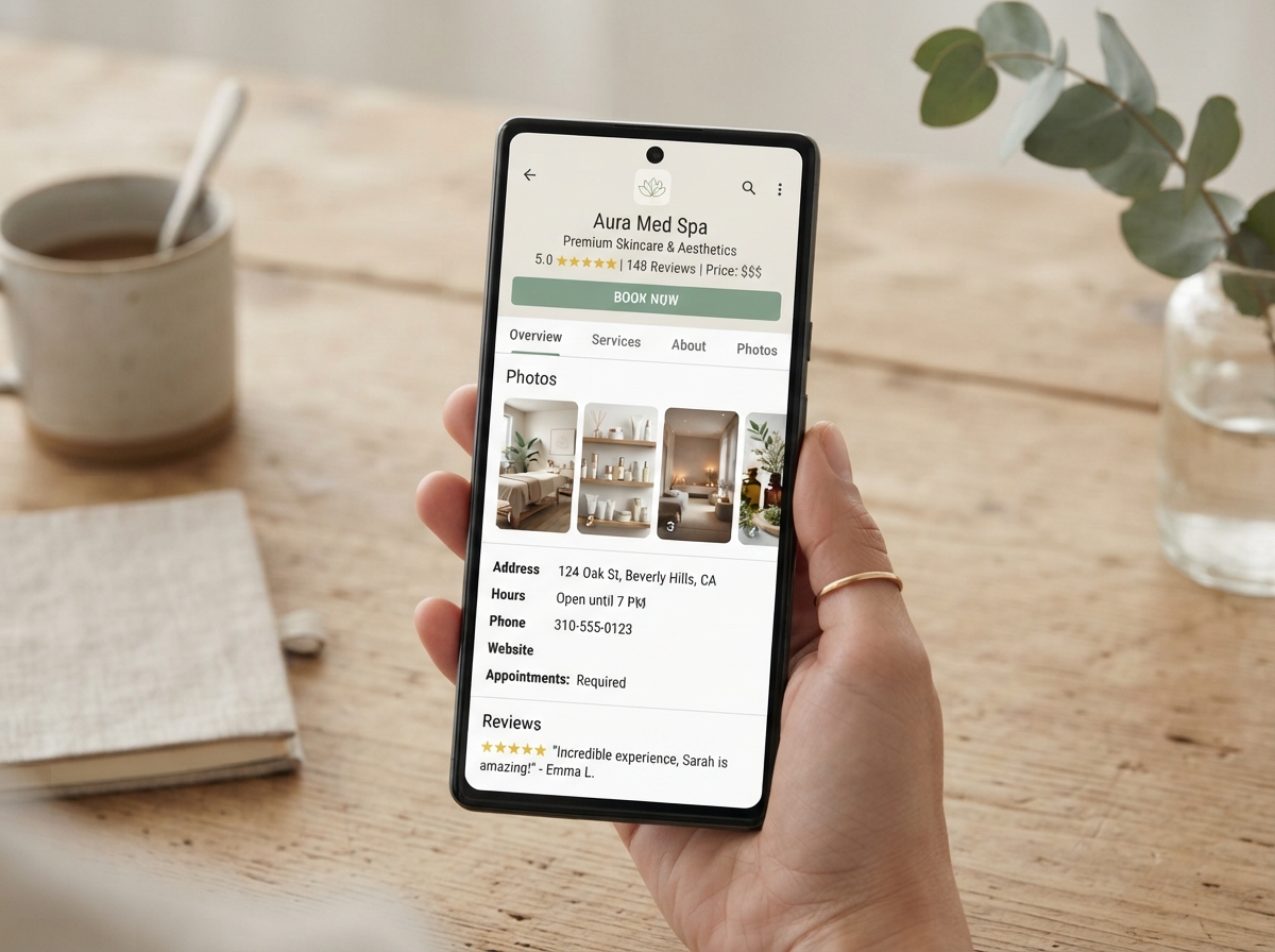 Google Business Profile for a San Diego med spa showing 5-star reviews and booking button