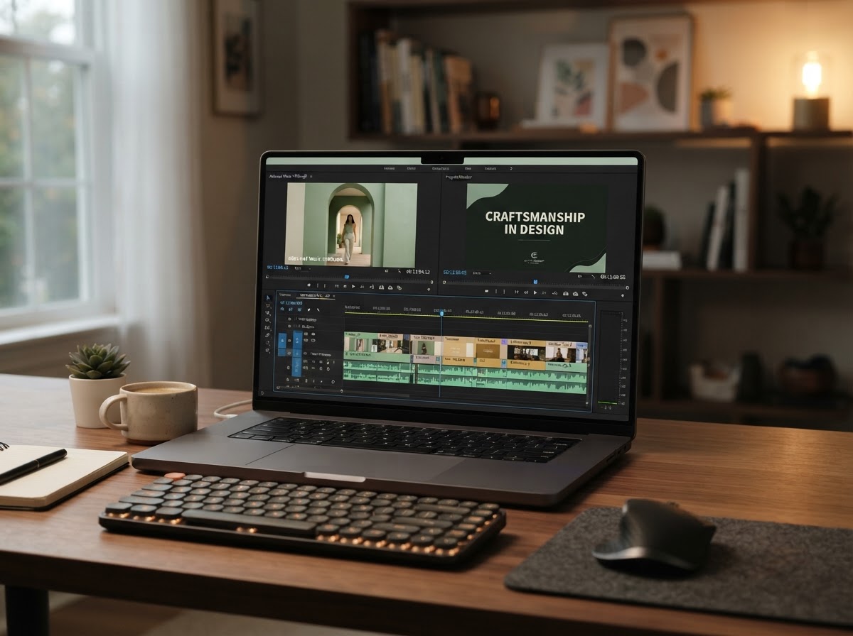 Video editing timeline on a laptop showing multiple clips being edited for social media content
