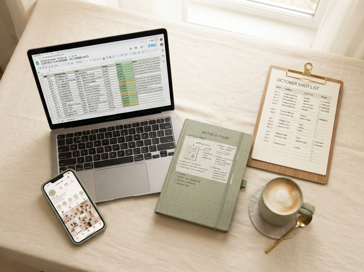 Content planning materials including a laptop with content calendar, shot list, and smartphone showing Instagram grid